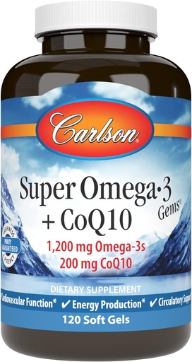[BRSWGGQHPMIQ23TG] Carlson - Super Omega-3 Gems + CoQ10, 1200 mg Omega-3s 200 mg CoQ10, Circulation Function, Energy Production & Circulatory Support, 120 Softgels