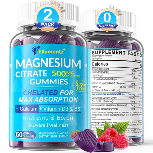 [BRSRAGA7C4HGKH3B] Magnesium Citrate Gummies 500mg for Women Men Sugar Free, Magnesium Citrate for Constipation & Bloated | Chelated Magnesium Supplement w/ B6 for Mood, Calm | Calcium Magnesium for Bone & Muscle,120cts