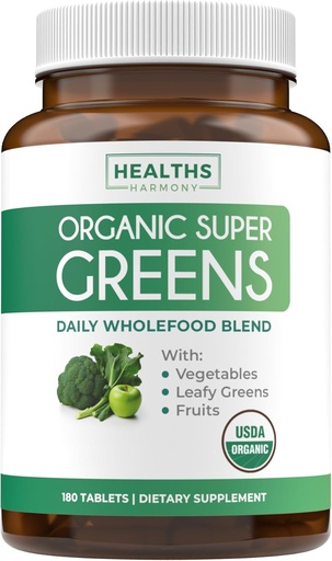 [BRSROCYPOZ6RE2Y3] USDA Organic Super Greens Supplement - Organic Greens Fruits and Vegetable Supplement for Adults with 28 Superfood Complex with Superfruits Roots Herbs & More - Vegan & Non-GMO (Up to 3 Month Supply)