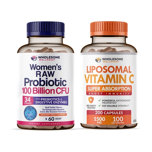 [BRSROCD6OJ7RM2DK] Wholesome Wellness Probiotics for Women 100 Billion CFUs with Prebiotics, Digestive Enzymes + Liposomal Vitamin C Capsules High Absorption, Ascorbic Acid Supplement Bundle