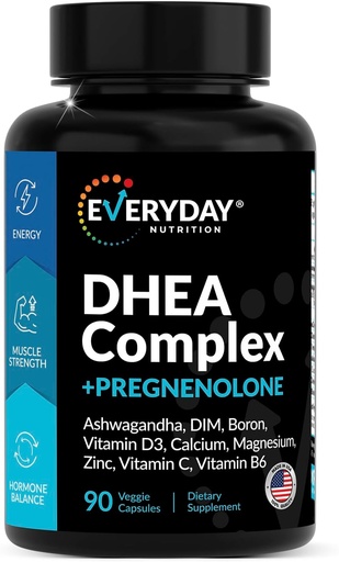 [BRSROHANAEFB4H37] DHEA Micronized 200mg Komplex med Pregnenolone 100mg Supplement för Män & Kvinnor med Ashwagandha, DIM, Magnesium, Boron, Calcium, Zink, Vitamin D3, C och B6 Hormone Support - Tillverkad i USA 90 kapslar