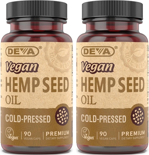 [BRSRMHQTCIOQIAIY] Cápsulas de óleo de semente de cânhamo Vegan DEVA 2-Pack – Pressionado a frio, não refinado, 90 contagem Ea