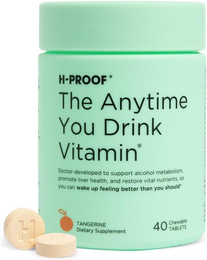 [BRSW2ATYCABR6E3D] H-PROOF The Anytime You Drink Vitamin, Liver Health & Immunity Support with Electrolytes, Milk Thistle, and Vitamins B & C - 40 Chewable Tablets (20 Servings), Vegan, Tangerine
