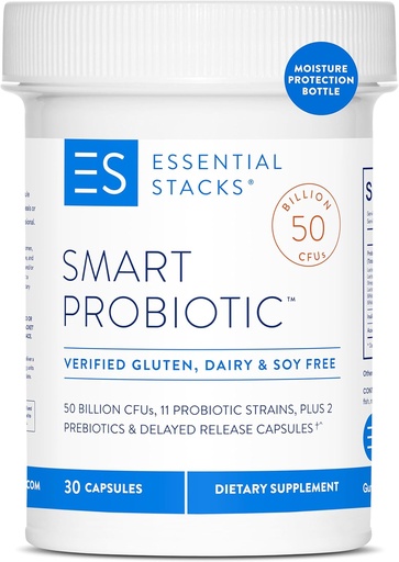[BRSWKGY4CEIBQDQ7] Essential Stacks Smart Probiotic - 50 Billion CFUs, 11 Probiotic Strains, 2 Prebiotics, Delayed Release Capsules - A Daily Probiotic Prebiotic For Women & Men (30 Capsules)
