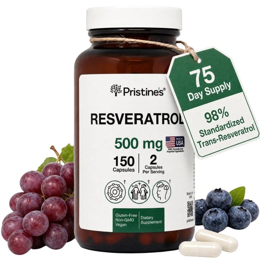 [BRSRGGIYA4CQMCQ4] PRISTINE'S Resveratrol 500mg Capsules, 98% Trans-Resveratrol, 150 Count | Healthy aging and antioxidant support from 98% trans-resveratrol. 75 day supply, vegan, non-GMO, gluten-free glass bottle