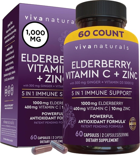 [BRSRMAQ5CICWYCI2] Viva Naturals Black Elderberry con Vitamina C y Zinc para Adultos (60 Cuenta) - Sambucus Elderberry Immune Support Suplemento, Black Elderberry Capsules para Adultos, Elderberry Suplementos para Mujeres