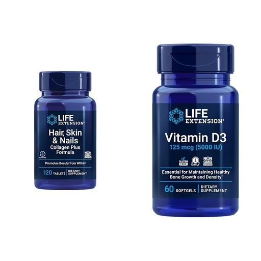 [BRSRAYYYBYOR42A2] Life Extension Hair, Skin & Nails Collagen Plus Formula with Vitamin D3 5000 IU - Promotes Collagen, Keratin, Bone, Brain, Immune & Nail Health - 120 Count & 60 Softgels