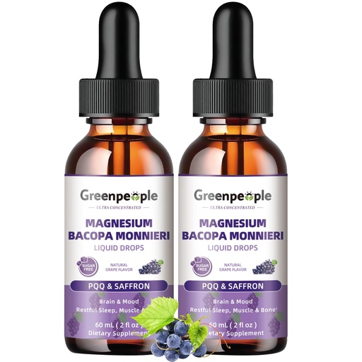 [BRSRAGT3PICRYYAV] GREENPEOPLE (2 Pack) Magnesium Glycinate Liquid Drops - 4-in-1 High Absorption Liquid Magnesium for Sleep W/Saffron, GABA& Bacopa | Fast-Acting, Bone, Muscle & Sleep | Sugar-Free Grape Flavor, 2fl Oz