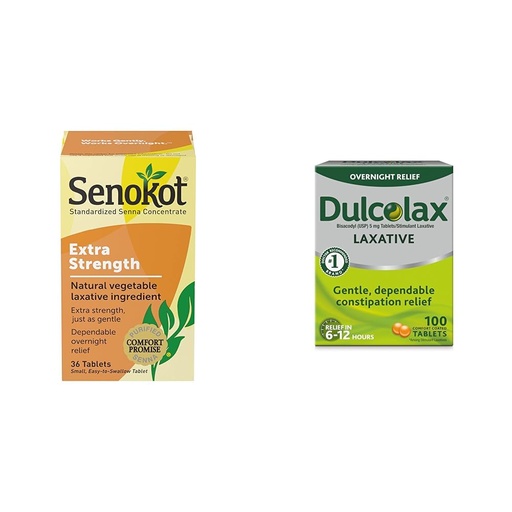 [BRSROAIPCQIAAE3K] Senokot Extra Strength Natural Vegetable Laxative for Gentle Overnight Relief Occasional Constipation, 36 Count & Dulcolax Stimulant Laxative Tablets (100 Count) Gentle Overnight Constipation Relief