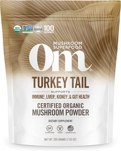 [BRSWIHYQO4DBK33M] Om Mushroom Superfood Turcija Aste Organic Sēņu pulveris Pouch, 7.05 Ounce, 100 Servē, Imūnsupport, Polysachrides, Beta-Glucans, Gut Health & Holistic Defense Sēņu Papildinājums