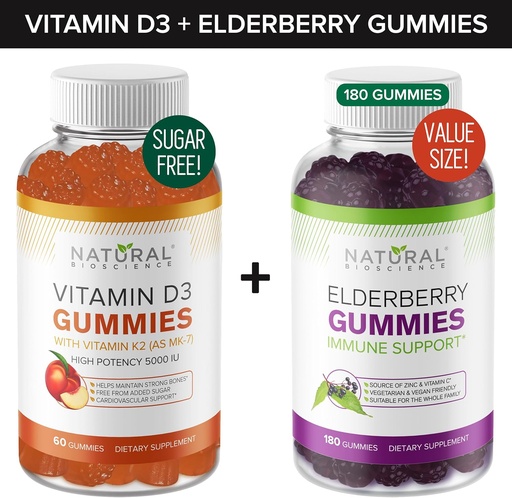 [BRSW2CQLCUORQYI3] Sugar- Free Vitamin D Gummies (60 Gummies) og Elderberry Gummies (180 Gummies) - Immun Support Bundle, Gelatin- Free, Gluten- Free, Vegetar, Alle naturlige, store smagfulde