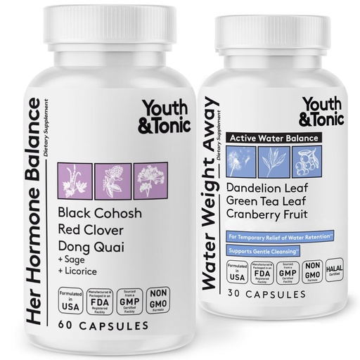 [BRSWYAQNCMFWCFDP] Youth & Tonic PMS & Menopause Bloating Relief Duo – Support for Puffiness, Hormonal Balance & Fluid Retention – Her Hormone Balance + Water Weight Away Natural Herbs for Women, 90 Capsules