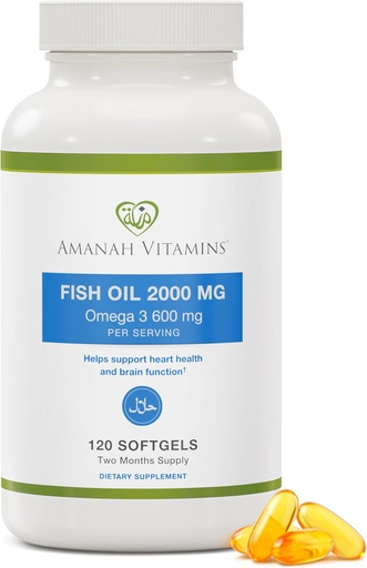 [BRSWKZA6BYAGAA3O] Halal Omega-3 Fish Oil 2000mg, 120 Softgels, Halal Certified (ISNA Approved), Non-GMO, Gluten-Free, High EPA & DHA Omega 3 Supplement