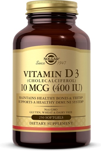 [BRSWIYTYO4GWMC36] Solgar Vitamin D3 (Cholecalciferol) 10 MCG (400 IU), 250 Softgels - Helps Maintain Healthy Bones & Teeth - Immune System Support - Non-GMO, Gluten Free, Dairy Free - 250 Servings