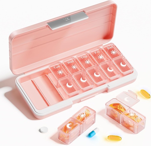 [BRSROBQCBAORE2DO] Betife AM PM Pill Organizer 2 Kali sehari, 7 Hari Kotak Pil Pil Pill Perjalanan Weekly Organzer dengan Kontainer Terpisah, Portable Daily Medicine Dispenser Case for Vitamin, Fish Oils, Suplemen