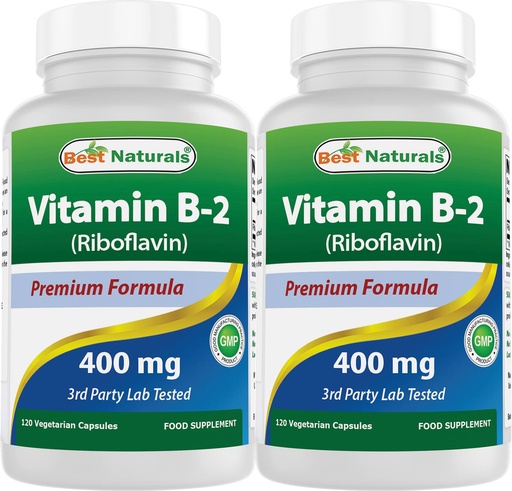 [BRSW2AYFA4MGKG3X] Best Naturals Vitamin B2 (Riboflavin) 400mg - Migraine Relief - Veggie Capsules - Conezyme Precursor - 120 Count (120 Count (Pack of 2))