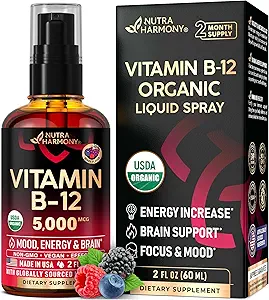 [BRSROCDQB4BBUAI3] USDA Organic Vitamin B12 Sublingual Spray - 5000 mcg Liquid Vegan Methylcobalamin for Women & Men - Energy Boost, Focus & Mood, Brain Health Support - Maximize Absorption - 2 Month Supply, 2 fl oz
