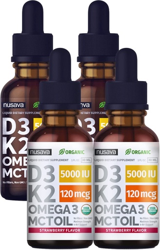 [BRSRMYDQO4MB6EI4] (4 Pack) Vitamin D3 K2 Drops Unflavored & Strawberry Flavor Bundle - Maximum Strength Vitamin D Liquid 5000 IU with MCT Oil Omega 3 - No Fillers, Non-GMO Liquid D3 for Immune Support, 2 Fl Oz Each