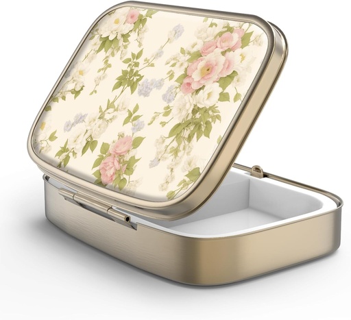 [BRSRMYYNBAFWOADZ] Pill Case Pill Box with Mirror Retro 2 Compartment Small Pill Case for Purse or Pocket Bronze Rectangular Pill Box or Vitamins, Fish Oil, Supplements, Pill Containe Travel Gifts（Vintage Floral）