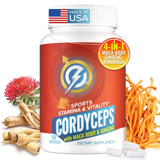 [BRSRAFIRO4FRM23X] Cordyceps Mushroom Capsules - Immune & Energy Support Supplement with Cordyceps Militaris, Maca Root, Ginseng, Rhodiola, Mushroom Supplement for Endurance, Stamina, Athletic Performance, 60 Capsules