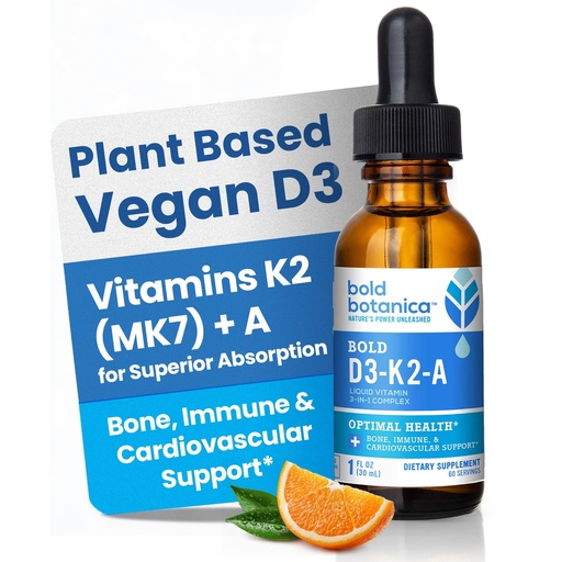 [BRSW2GA5OZ4BOFD6] Bold Botanica Vitamin D3-K2-A Liquid Drops for Adults and Kids – 2500 IU Vegan D3 from Algae with K2 (MK7) & A, 3-in-1 Complex for Immune, Bone & Heart Support, Orange Flavor – 1 FL OZ, 60 Servings