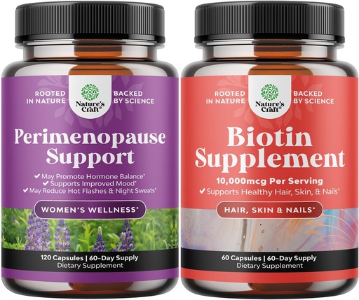 [BRSROCDQAUJR6CQ2] Bundle of Perimenopause Supplement for Women -Multibenefit Menopause Relief for Women 120ct and Pure Biotin Pills for Women Men - Stop Hair Loss Thinning Natural Supplement for Shiny Thick Hair Growth