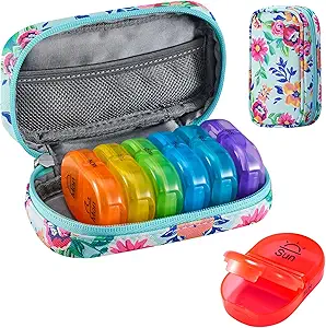[BRSROZAOCMCA423P] Serfeymi Weekly Travel Pill Organizer 2 Times A Day AM PM Upgraded Rainbow Pill Box 7 Day with Portable Zipper PU Leather Pill Case, Medicine Organizer for Pills, Vitamins, Fish Oils - Green-01