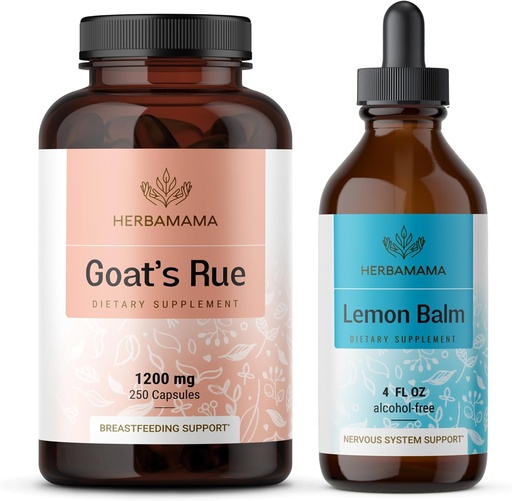 [BRSRAGI5CMFAOGTX] HERBAMAMA Goat's Rue and Lemon Balm Kit - Bundle of 1200 mg Goat's Rue Capsules & Lemon Balm Liquid Drops 4 fl oz - Vegan, Non-GMO, Sugar & Alcohol-Free - 2 Pack