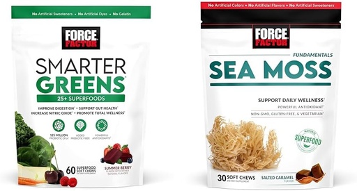 [BRSRAY33ABYAKADO] FORCE FACTOR Greens Chews with 25+ Superfoods & Sea Moss Chews, 60 & 30 Count