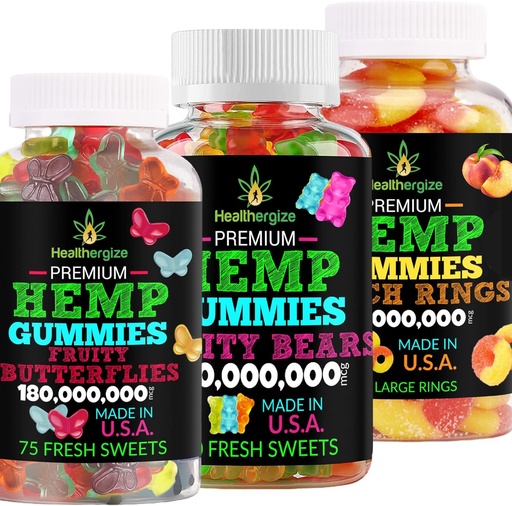 [BRSRMGARBZ6RMALO] 3PACK Hemp Gummies Premium-Hempoil Gummy Bears, Fruit Butterflies and Fresh Peach Rings-for Sleep, Calm, Relax, Muscles, Back, Discomfort, Inflammation-Natural Party-Made in USA