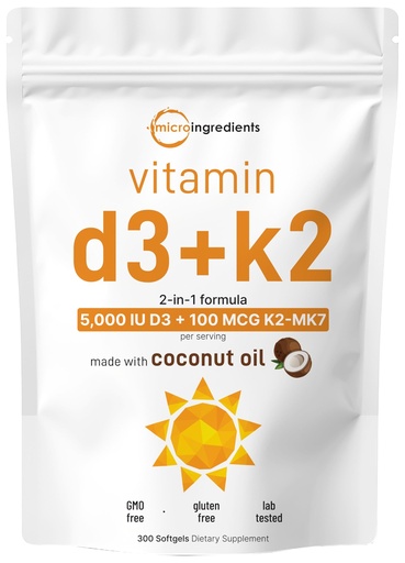 [BRSROFL6BZYBYDT5] Micro Ingredients Vitamin D3 5,000 IU + K2 MK-7 100 mcg, 300 Softgels | Virgin Coconut Oil | 2-in-1 Support | Easy to Swallow, Non-GMO