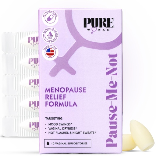 [BRSRAZAKCEMAAHLO] PURE WOMAN - Pause-Me-Not Suppositories - Menopausal Symptom Relief - Natural Ingredients - Relieves Hot Flashes & Vaginal Dryness - Promotes Stable Mood - Enhanced Vaginal Relief - 10 Pk