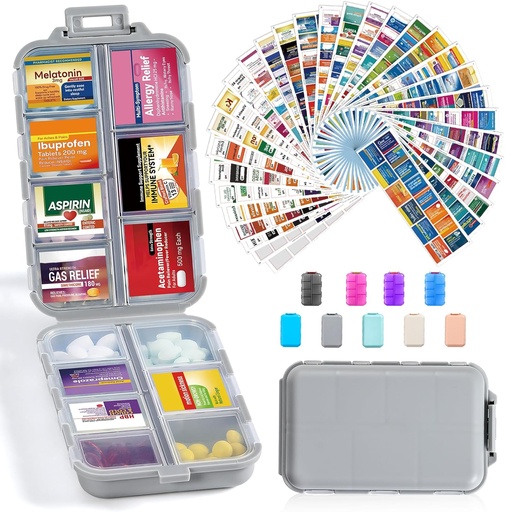 [BRSRA23YA4CG2HQU] 14 Grids Travel Pill Organizer Box with 415-Pcs Medicine Name Labels - Pocket Daily Pharmacy Case Container - Travel Medication Holder Dispenser Kit for Fish Oil Vitamin Supplement Storage - Grey