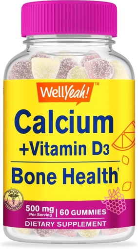 [BRSROHQNDINBEHT6] WellYeah Calcium 500mg + Vitamin D3 1000 IU (25 mcg) Gummies - Bone Health and Muscle Supprt, Immune Support Gummy, Non GMO, Gluten Free, Mix Fruit Flavors - 60 Gummies