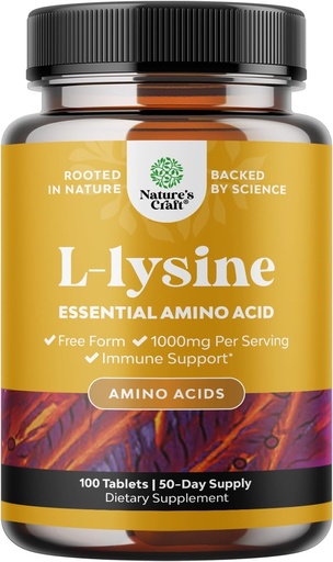 [BRSW2YIDDJ6QI2QU] Natures Craft L-Lysine Free Form Capsules - High Strength L-Lysine Supplement for Eye Health Lip Care Collagen Synthesis and Immune Support - Essential Amino Acid - 1000mg per Serving - 100 Count