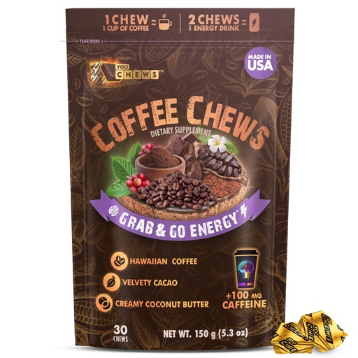 [BRSROCQ7BAMGGYDP] YouChews Coffee Chews - Grab & Go Energy with 100mg per Chew of Clean, Green Caffeine. With Real Organic Ingredients, Low Sugar, Great Bold Taste & Long Lasting Energy Boost (30 Chews Pack)