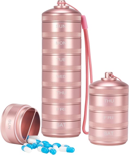 [BRSRAZQEPMOQY3TJ] XHT Pink Weekly Metal Pill Organizer 7 Day 2 Times a Day – Aesthetic Waterproof AM PM Travel Pill Box, Heavy Duty Pill Holder and Medicine Pill Organizer for Vitamins, Fish Oil & Supplements