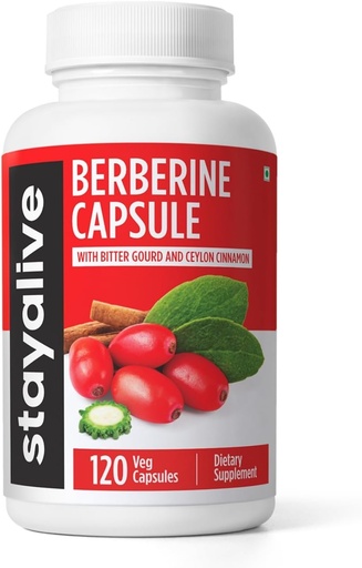 [BRSROCQ5A4GQ2G3D] STAY ALIVE Premium Berberine with Ceylon Cinnamon, 3-in-1 Complex with Berberine HCL 1200mg & Bitter Gourd Extract, 120 Capsules, Extra Strength Powder, Non-GMO & Gluten-Free Supplement