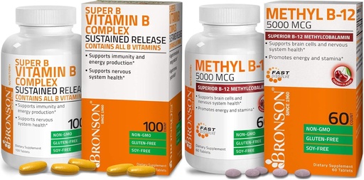 [BRSWYZQDBN6A23T2] Bronson Methyl B12 5000 mcg Vitamin B12 Methylcobalamin Lozenges + Super B Vitamin B Complex Sustained Slow Release