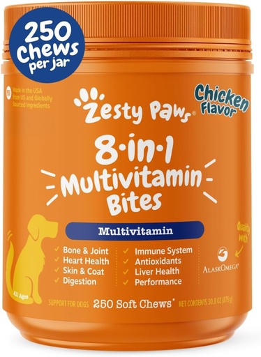 [BRSW2EL3CAFW2HT3] Zesty Paws Dog Multivitamin, Chewable Dog Vitamins and Supplements for Hip & Joints, Skin & Coat, Omega 3 Fish Oil for Dogs- Senior & Puppy Multivitamin - Chicken- 250ct