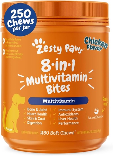 [BRSW2EL3CAFW2HT3] Zesty Paws Dog Multivitamin, Chewable Dog Vitamins and Supplements for Hip & Joints, Skin & Coat, Omega 3 Fish Oil for Dogs- Senior & Puppy Multivitamin - Chicken- 250ct
