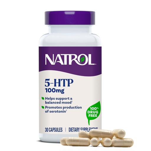 [BRSWIYIYAEABA3YV] Natrol Mood + Stress 5-HTP 100 mg, Dietary Supplement for a Balanced Mood, Capsules for Adults, 30 Capsules, Up to a 30 Day Supply