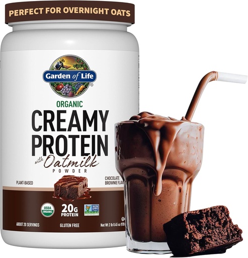 [BRSRMGQECEIBEYLX] Zahrada života Krémový organický Vegan Protein Powder + OatMilk, 20g Kompletní rostlinný protein, Coconut Water, MCTs, Strouted Grains, Prebiotics, Probiotics - Gluten- Free, Chocolate Brownie, 2 LBS