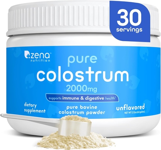 [BRSRABT5CN5Q4HTL] Zena Nutrition Bovine Colostrum Powder Supplement, 2000mg Pure Colostrum, Supports Immune and Digestive Health, Promotes Gut Health, Keto, Gluten Free, Fat Free, Grass Fed, Unflavored, 30 Servings