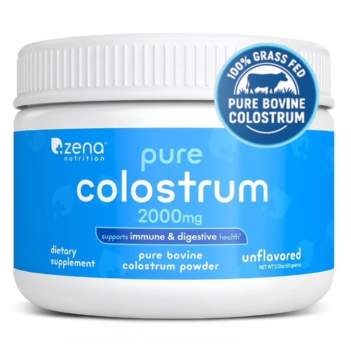 [BRSRABT5CN5Q4HTL] Zena Nutrition Bovine Colostrum Powder Supplement, 2000mg Pure Colostrum, Supports Immune and Digestive Health, Promotes Gut Health, Keto, Gluten Free, Fat Free, Grass Fed, Unflavored, 30 Servings
