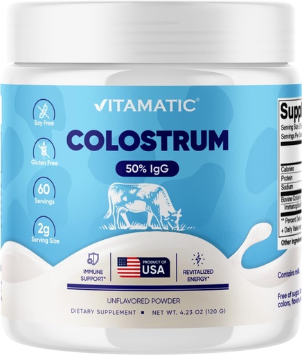 [BRSROAYKDEFBQHLO] Vitamatic Bovine Colostrum Powder - 50% Highest IgG -120 Gram - Supplement for Gut Health, Hair Growth, Beauty, Muscle Recovery, & Immune Support - Easy to Mix - Unflavored - 60 Servings