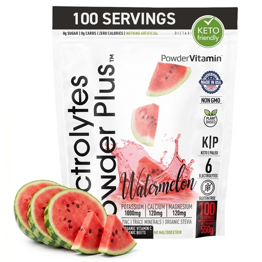 [BRSRMH37B4FBUFA2] PowderVitamin Electrolytes Powder Plus, Sugar Free Hydration Powder 1000mg Potassium, 120mg Magnesium, 120mg Calcium, Himalayan Salt, Vitamin C & Zinc, USA Made, 550g, 100 Servings, Watermelon Flavor
