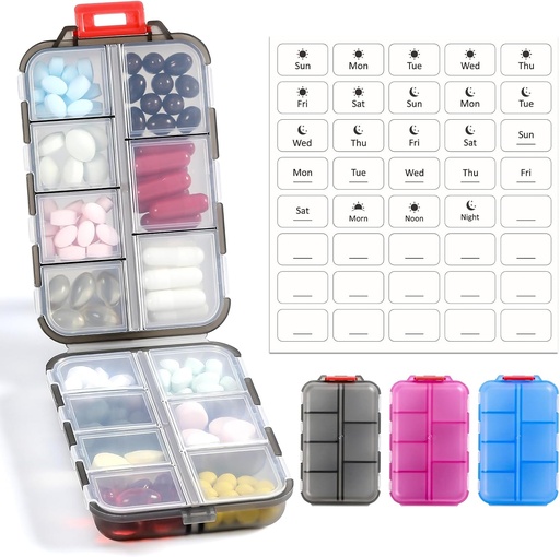 [BRSROAQNCAHRG23H] 3 Pack 14 GRIDS Travel Pill Organer Box with Labels - Travel Medicine Case Kit - Pocket Daily Pharmacy Container - Travel Medicine Holder Dispenser for Fish Oil תוסף