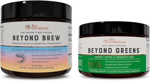 [BRSRMA35BADR4ALX] Live Conscious Beyond Greens & Beyond Brew | Delicious Greens Powder for Bloating + Mushroom Superfood Coffee Alternative Caffeine Free