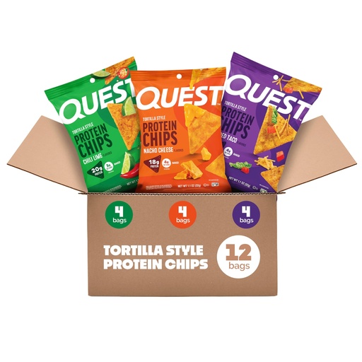 [BRSW2FIFAECQIADK] Quest Nutrition Tortilla Style Protein Chips Variety Pack, Chili Lime, Nacho Cheese, Loaded Taco, Low Carb, High Protein, Gluten Free, 1.1 oz (Pack of 12)